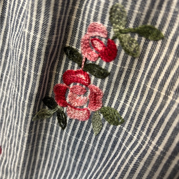 Soprano Blue White Stripe Floral Embroidered Cold Shoulder Top 100% Cotton - Picture 5 of 5